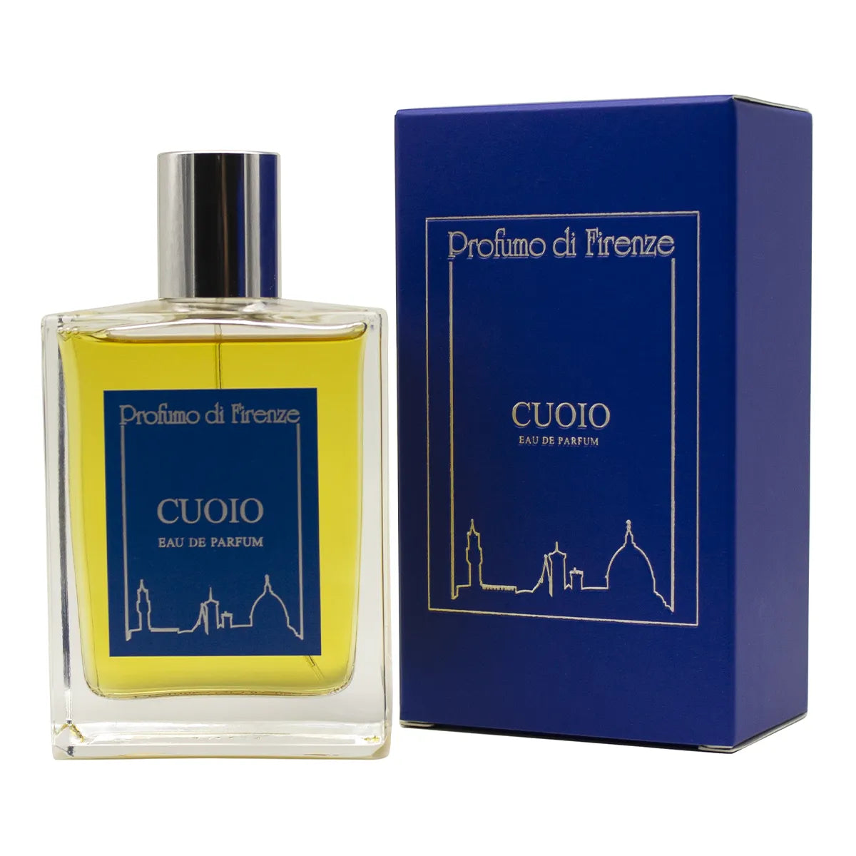 Perfume bottle and packaging of Profumo di Firenze Cuoio on a white background