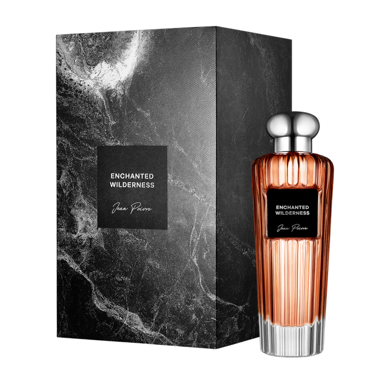 Enchanted Wilderness by Jean Poivre luxury perfume bottle with silver cap and black marble effect gift box packaging