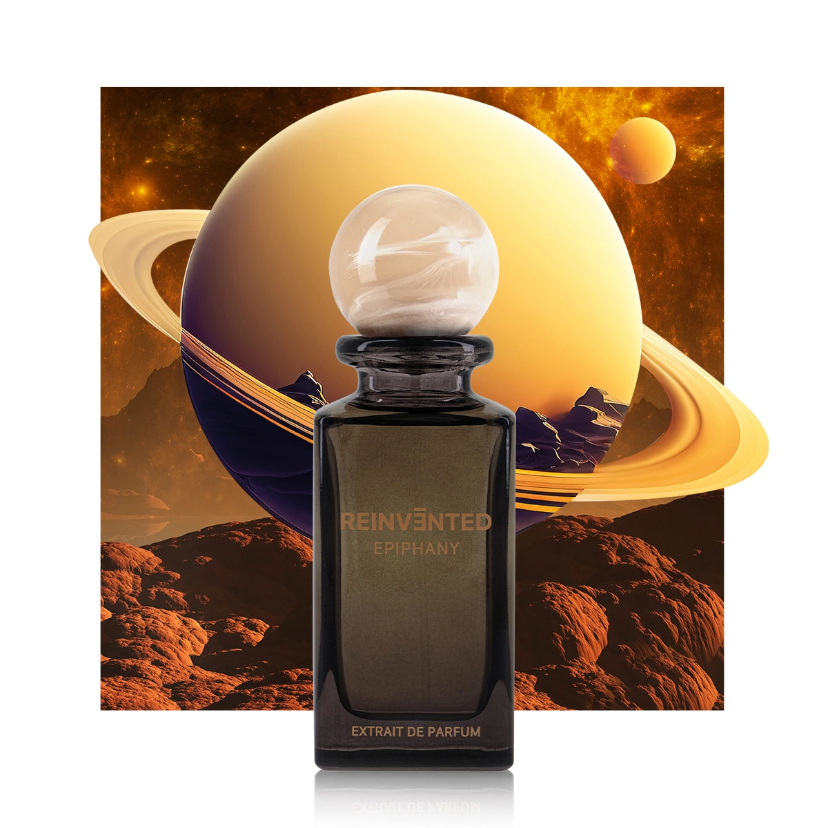 Reinvented Epiphany Extrait de Parfum with beige marble cap against surreal cosmic planet background luxury niche fragrance