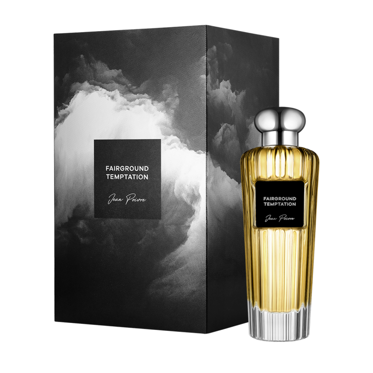 Fairground Temptation by Jean Poivre luxury golden perfume bottle with silver cap and matching cloud-themed gift box packaging
