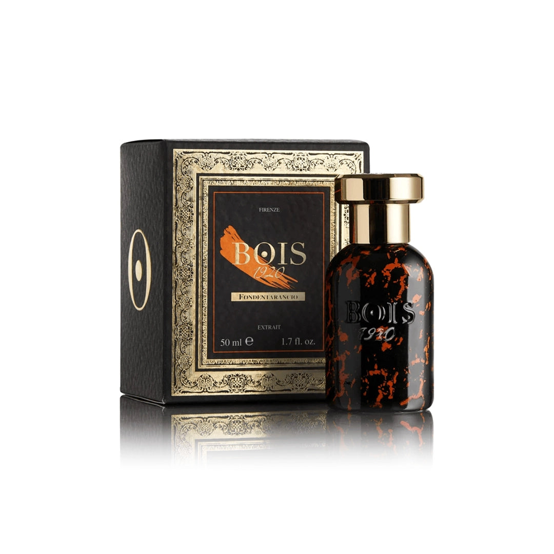 Bois 1920 Fondentarancio Extrait perfume bottle with dark glass and orange marbled pattern displayed beside its luxury fragrance box.
