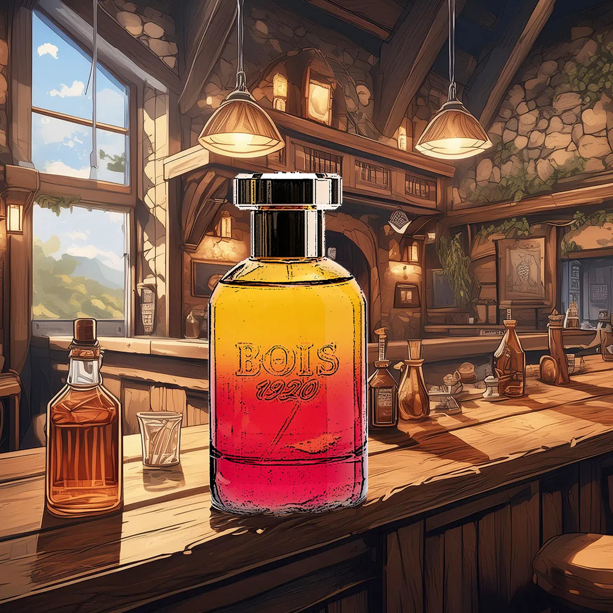 Bois 1920 Gioco all’Alba perfume bottle with amber red gradient placed on rustic wooden bar interior illustration