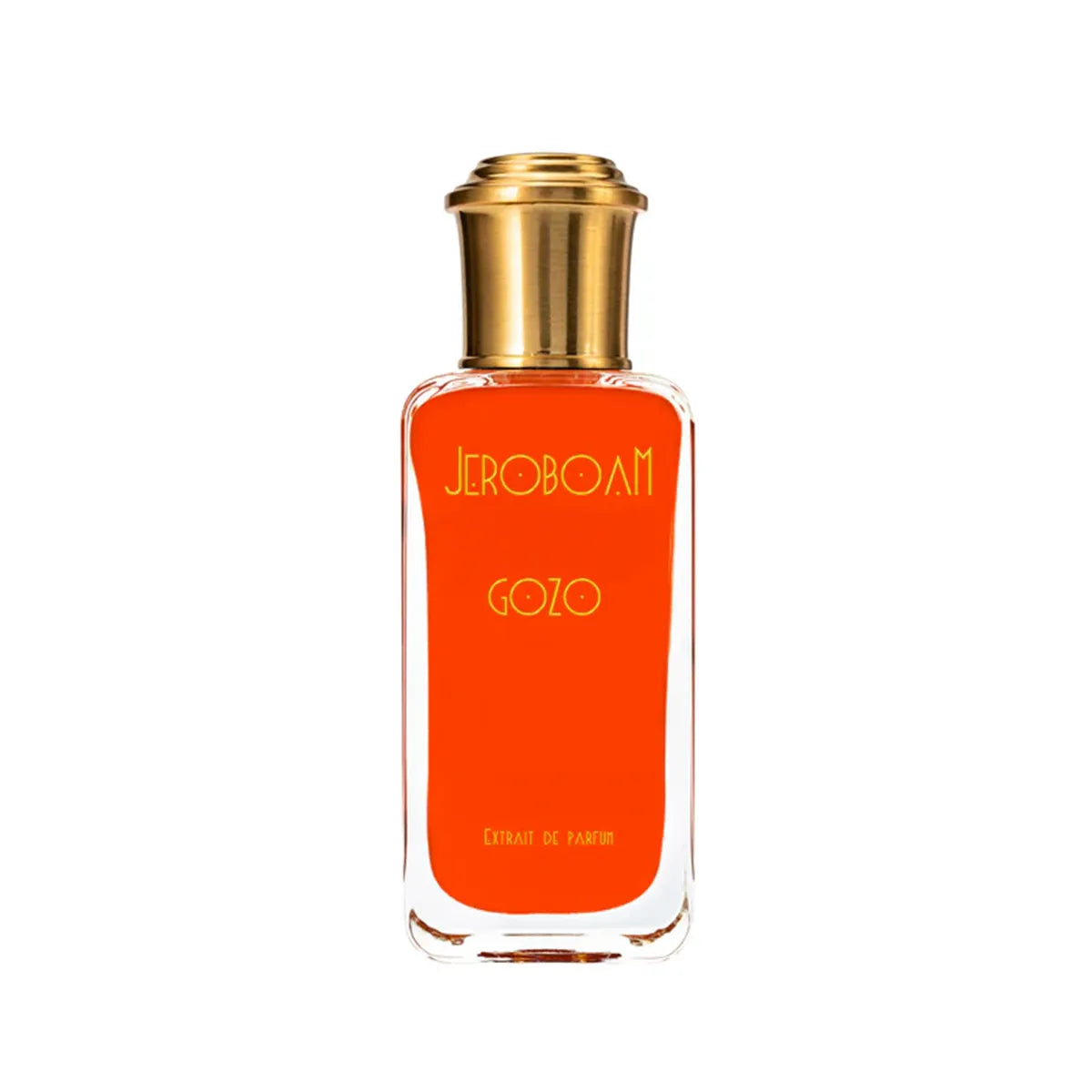 Perfume bottle with gold cap and orange label on a white background