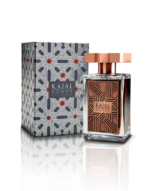 Kajal Homme Eau de Parfum for men with copper accent bottle and geometric patterned box packaging