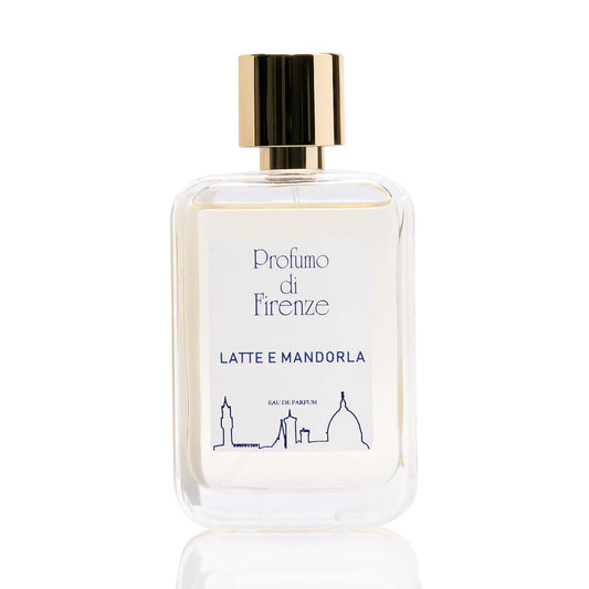 Perfume bottle labeled 'Profumo di Firenze Latte e Mandorla' on a white background