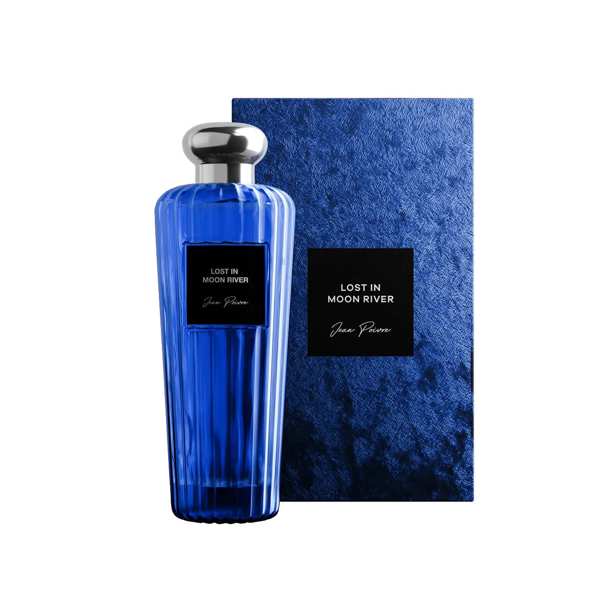 Lost in Moon River by Jean Poivre luxury blue perfume bottle with silver cap and matching blue gift box packaging