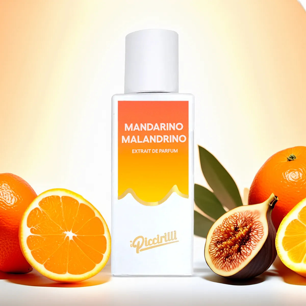 Perfume bottle labeled 'Mandarino Malandrino' surrounded by oranges and figs on a gradient background