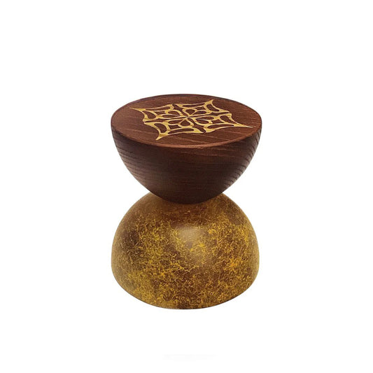 Mango Oud by LOVA unique perfume bottle with golden base and wooden cap on white background