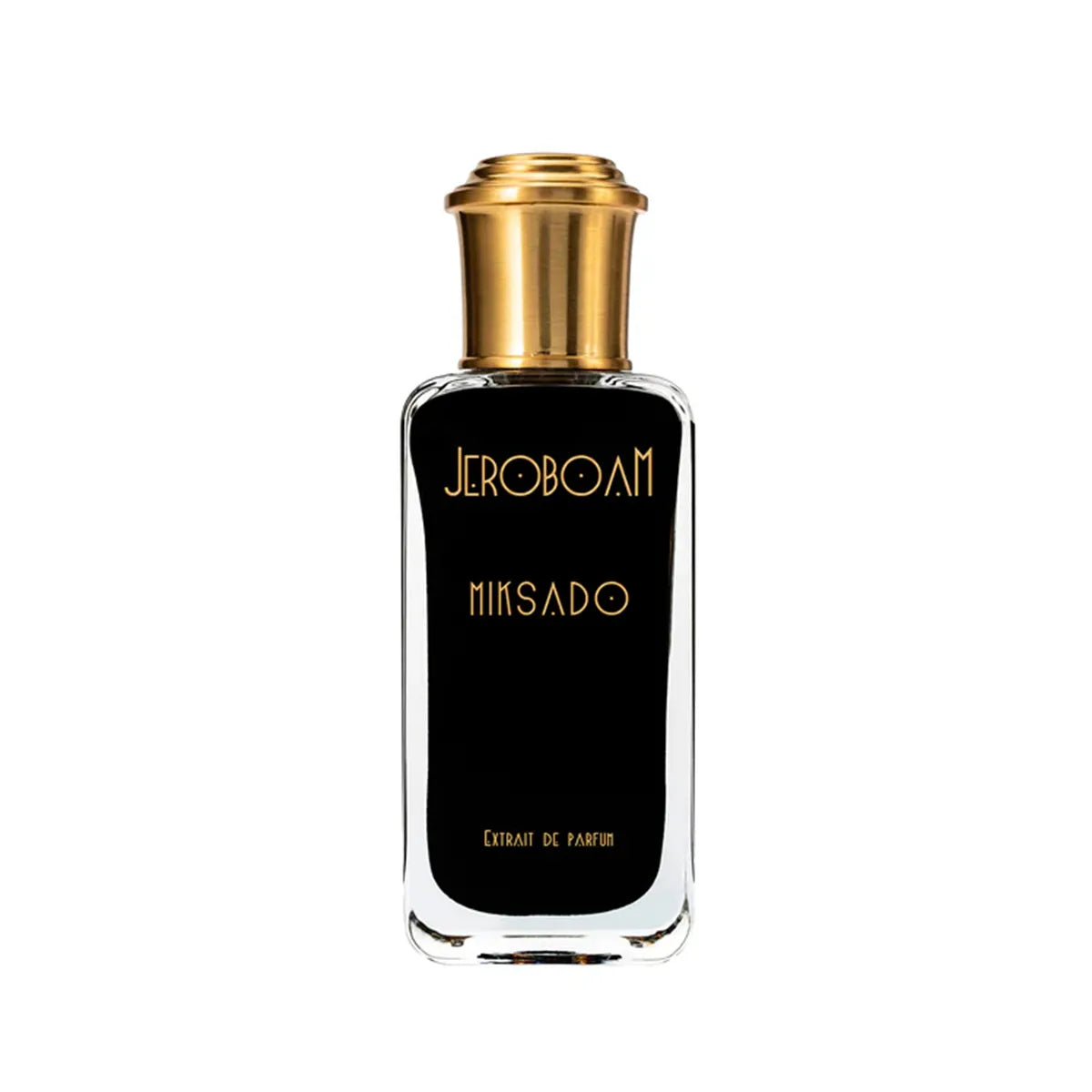 Perfume bottle with gold cap and black label on a white background