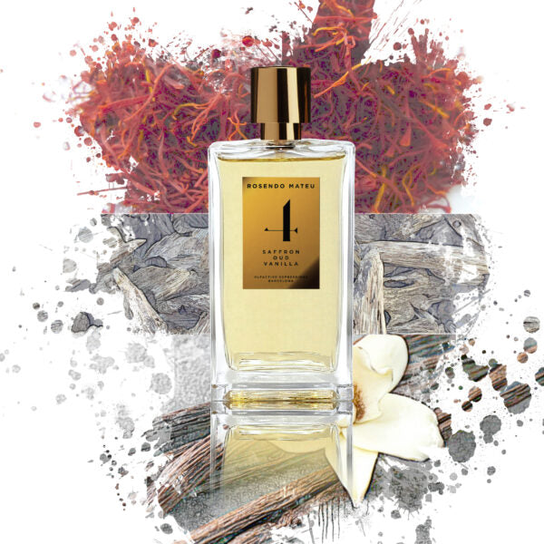 Rosendo Mateu No. 1 Saffron Oud Vanilla perfume bottle with gold cap, artistic background featuring saffron threads, oud wood textures, and vanilla flower.