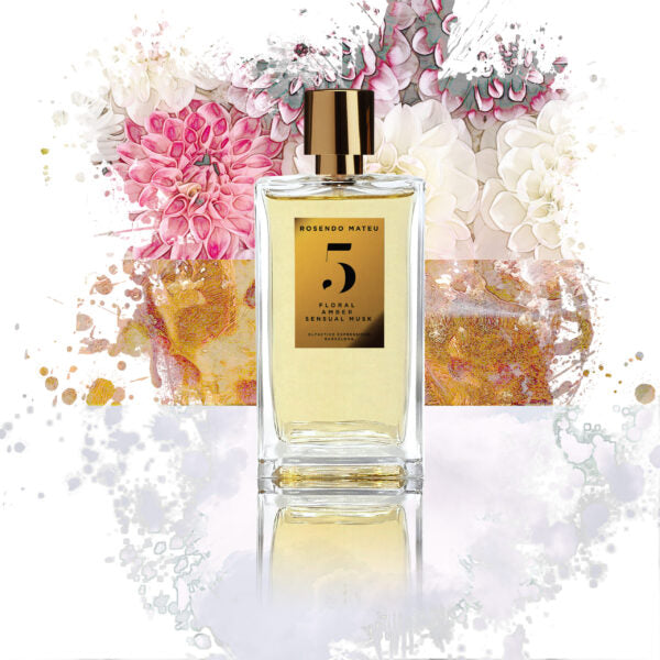 Rosendo Mateu No. 5 Floral Amber Sensual Musk perfume bottle with gold cap, surrounded by artistic floral background and amber-inspired textures.