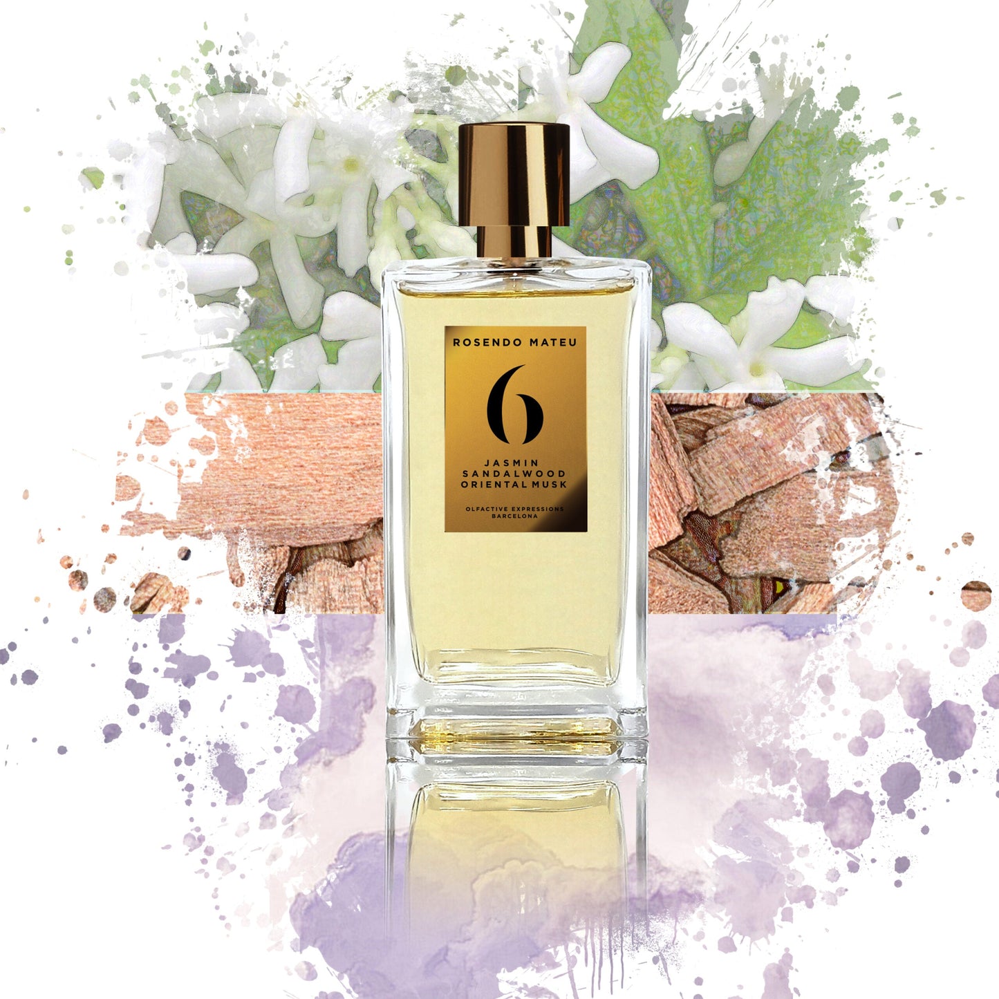 Rosendo Mateu No. 6 Jasmin Sandalwood Oriental Musk perfume bottle with jasmine flowers and sandalwood illustration background.