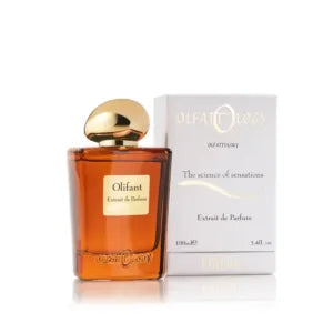 Olifant by Olfattology Extrait de Parfum 100ml amber niche perfume bottle with gold cap displayed next to branded luxury box on white background