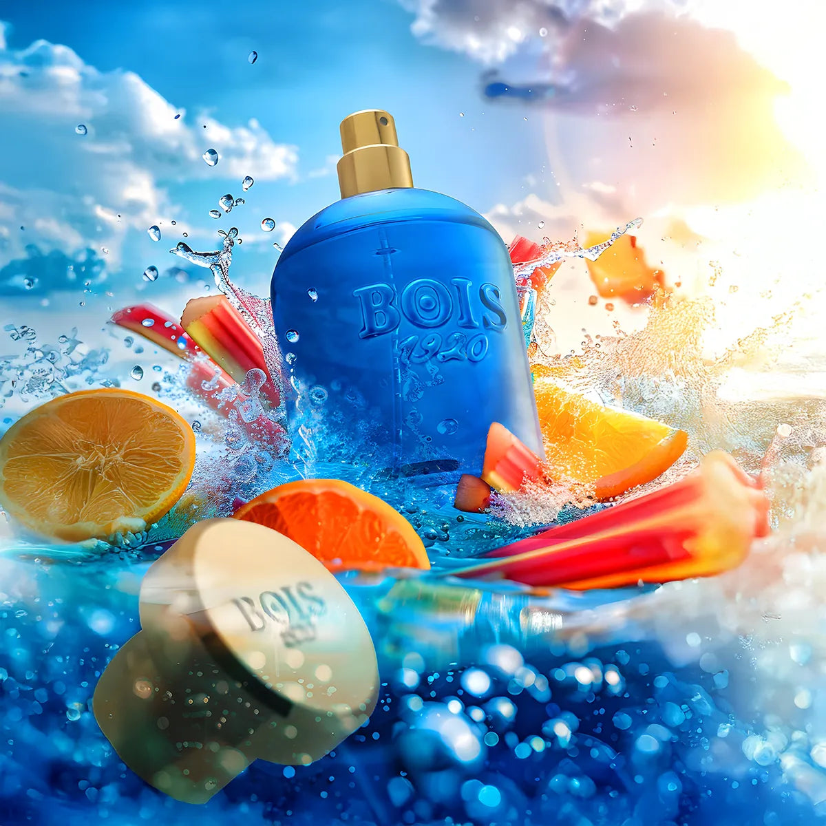 Bois 1920 Oltremare Eau de Parfum blue bottle splashing through water with citrus slices and rhubarb under bright summer sky, fresh aquatic fragrance concept.
