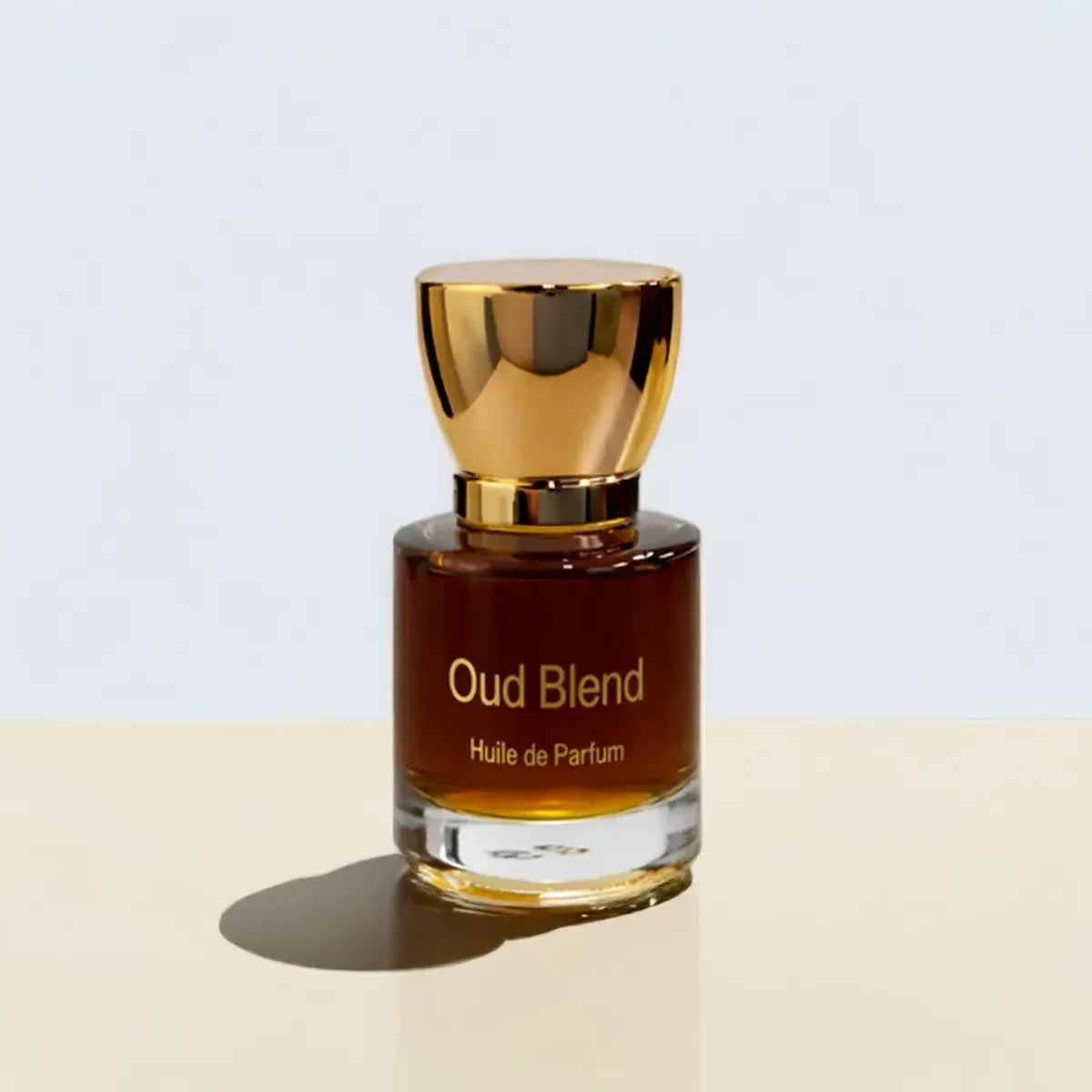 Oud Blend perfume bottle casting a soft shadow on a minimal two-tone background