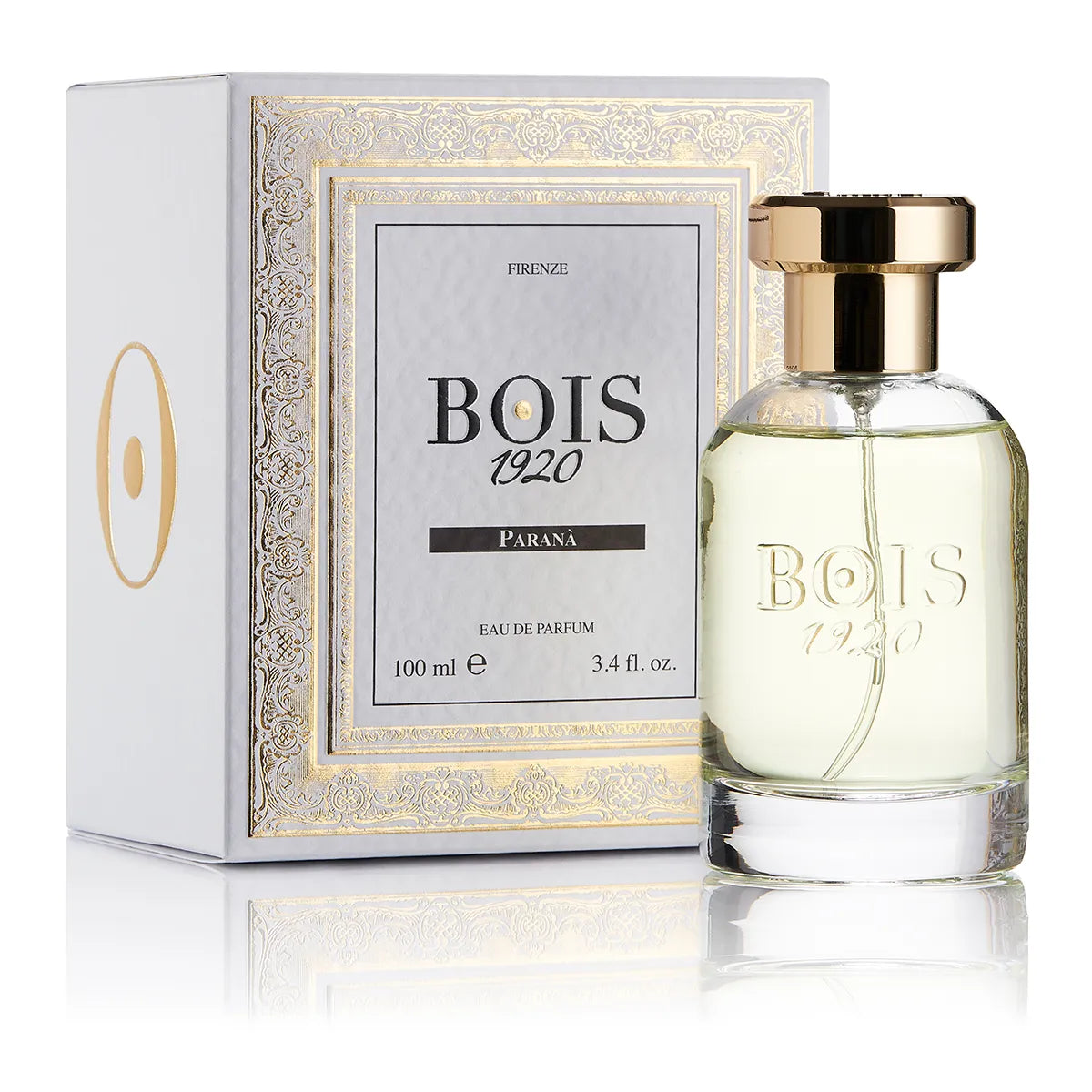 Bois 1920 Parana Eau de Parfum bottle with gold cap displayed beside its elegant white and gold decorative perfume box.
