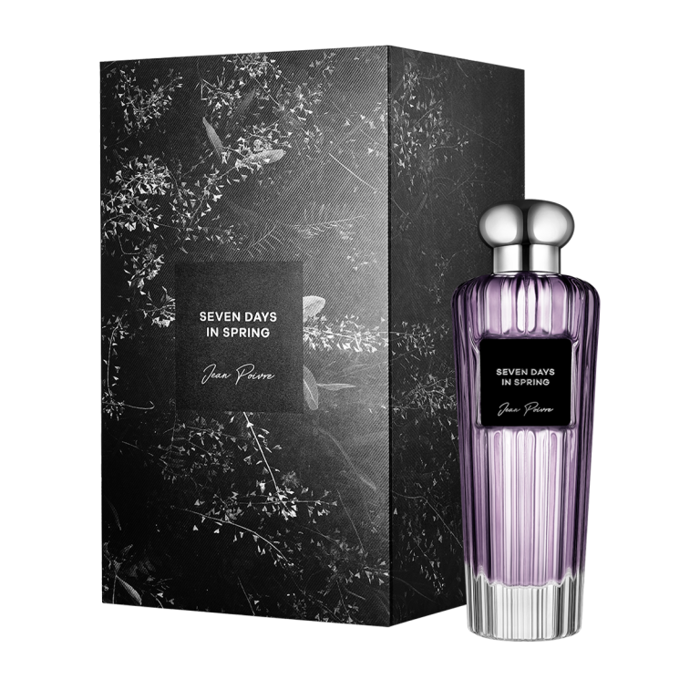 Seven Days In Spring by Jean Poivre luxury purple perfume bottle with silver cap and matching floral black gift box packaging