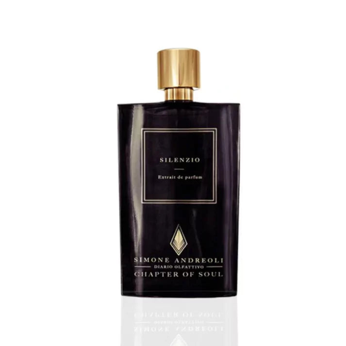 Simone Andreoli Silenzio Extrait de Parfum in dark glass bottle with gold cap and gold framed label on white background