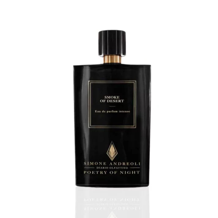 Simone Andreoli Smoke of Desert Eau de Parfum Intense in glossy black bottle with gold label and black cap on white background