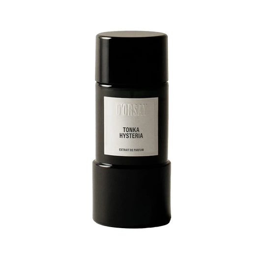 Black perfume bottle with a white label on a white background