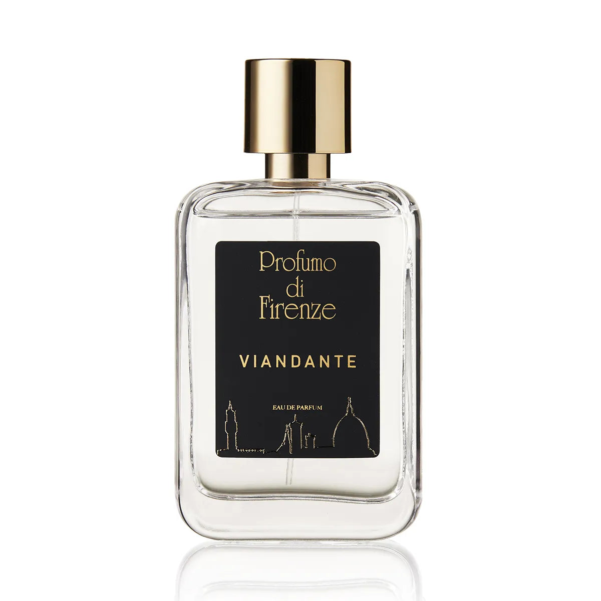 Perfume bottle with gold cap and black label on a white background