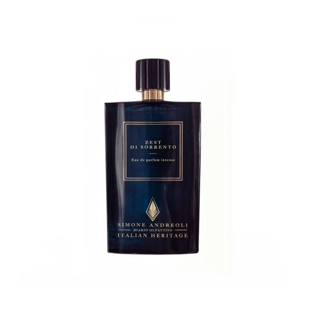 Simone Andreoli Zest di Sorrento Eau de Parfum Intense in deep blue glass bottle with gold label and dark cap on white background