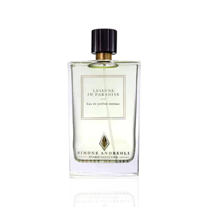 Simone Andreoli Leisure in Paradise Eau de Parfum Intense in clear glass bottle with light green tint and dark cap on white background