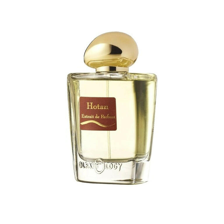 Hotan by Olfattology Extrait de Parfum luxury clear glass perfume bottle with gold cap isolated on white background