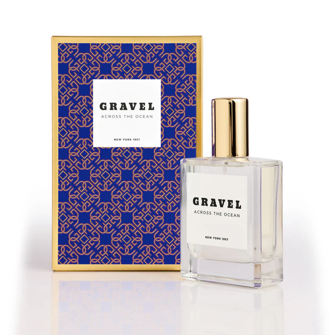 Across the Ocean by GRAVEL perfume bottle with elegant blue patterned packaging box
