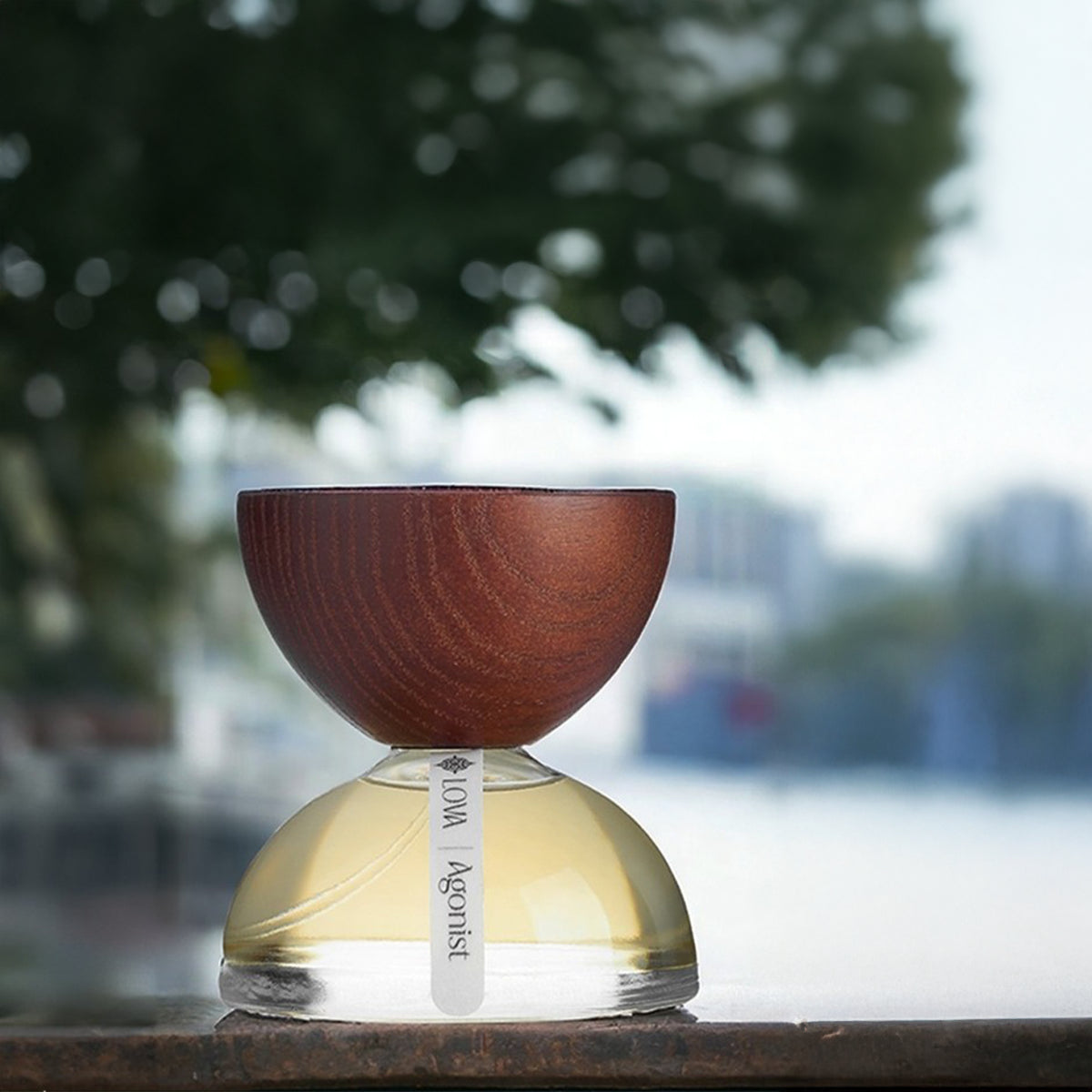 Agonist by LOVA niche perfume bottle with rounded glass base and wooden cap photographed outdoors against a soft blurred city background
