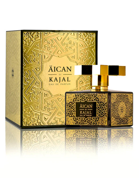 Aican by Kajal Eau de Parfum luxury gold engraved bottle with intricate Arabic pattern and matching embossed box