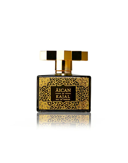 Aican by Kajal Eau de Parfum gold and black bottle with intricate geometric engraving and luxury square cap