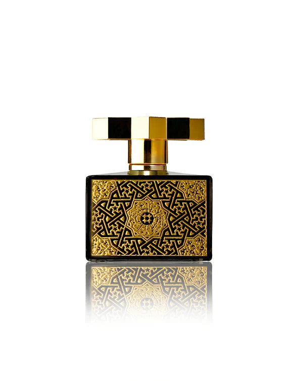 Aican by Kajal Eau de Parfum bottle back view with ornate gold Arabic geometric pattern and luxury finish