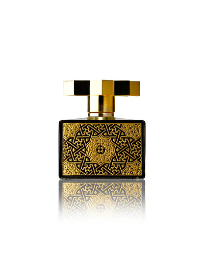 Aican by Kajal Eau de Parfum bottle back view with ornate gold Arabic geometric pattern and luxury finish