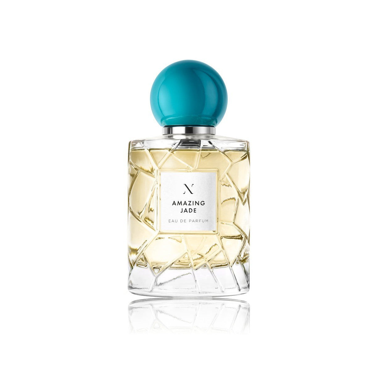Amazing Jade Eau de Parfum by Les Sœurs de Noe luxury clear glass perfume bottle with textured design and turquoise cap isolated on white background