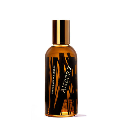 Czech & Speake Amber 7 Eau de Parfum amber glass fragrance bottle with gold cap and bold black graphic design, luxury niche perfume inspired by warm amber, resinous woods, and sensual oriental notes