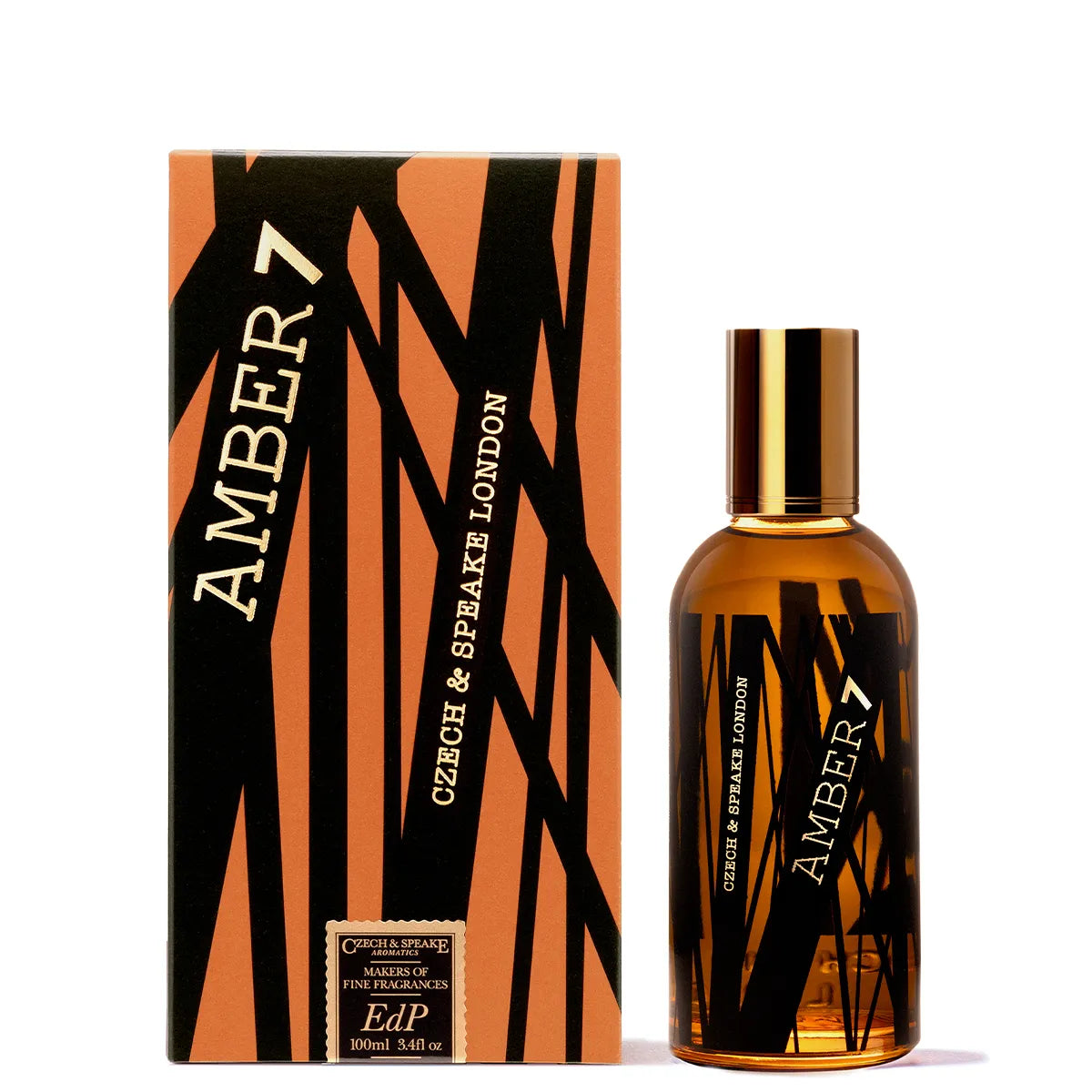 Czech & Speake Amber 7 Eau de Parfum with bold graphic box and amber glass fragrance bottle, luxury niche perfume inspired by rich amber, warm resins, and deep woody oriental notes
