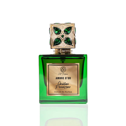 Christian Provenzano Ambre D’Or Extrait de Parfum in emerald green glass bottle with ornate gold cap adorned with green gemstone accents