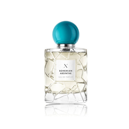 Bohemian Absinthe Eau de Parfum by Les Sœurs de Noé luxury glass perfume bottle with turquoise cap isolated on white background