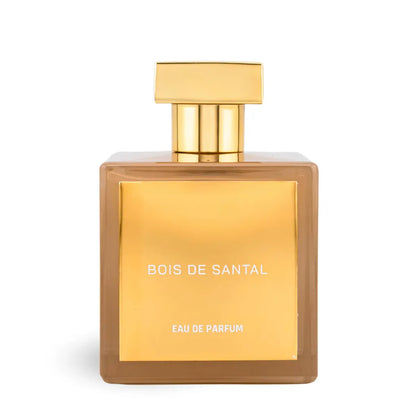 Bois de Santal Eau de Parfum by House of Brandt luxury sandalwood fragrance in amber glass bottle with gold cap, elegant woody perfume for men and women