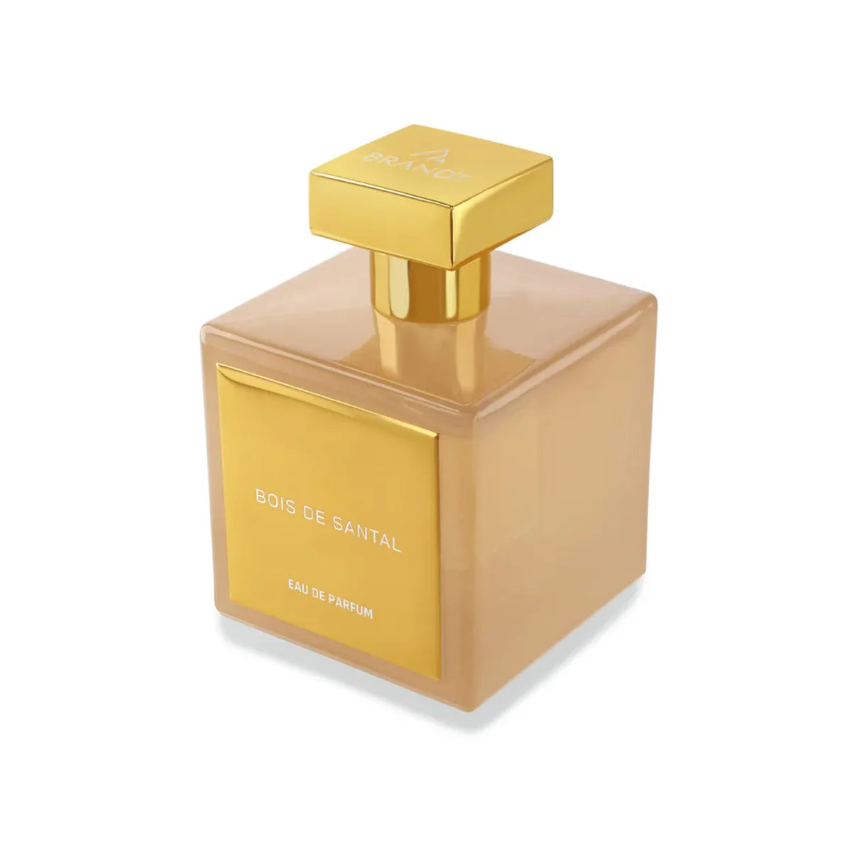 Bois de Santal Eau de Parfum by House of Brandt angled view of amber sandalwood perfume bottle with gold cap, luxury woody unisex fragrance on white background
