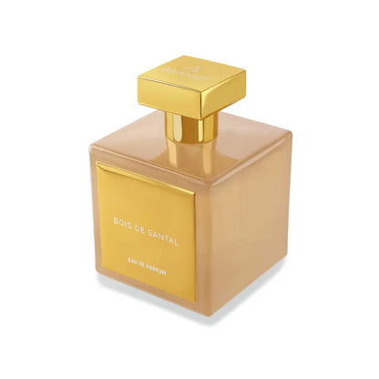 Bois de Santal Eau de Parfum by House of Brandt angled view of amber sandalwood perfume bottle with gold cap, luxury woody unisex fragrance on white background