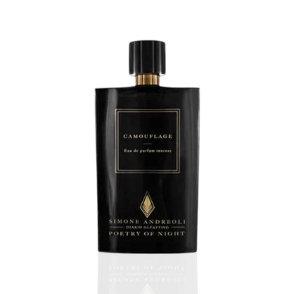 Simone Andreoli Camouflage Eau de Parfum Intense in sleek black bottle with gold label and black cap on white background