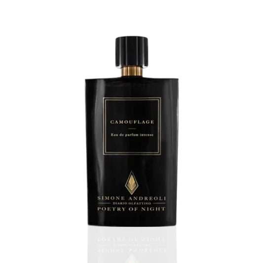 Simone Andreoli Camouflage Eau de Parfum Intense in sleek black bottle with gold label and black cap on white background