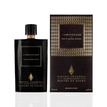 Simone Andreoli Camouflage Eau de Parfum Intense bottle with matching dark patterned box and gold accents on white background