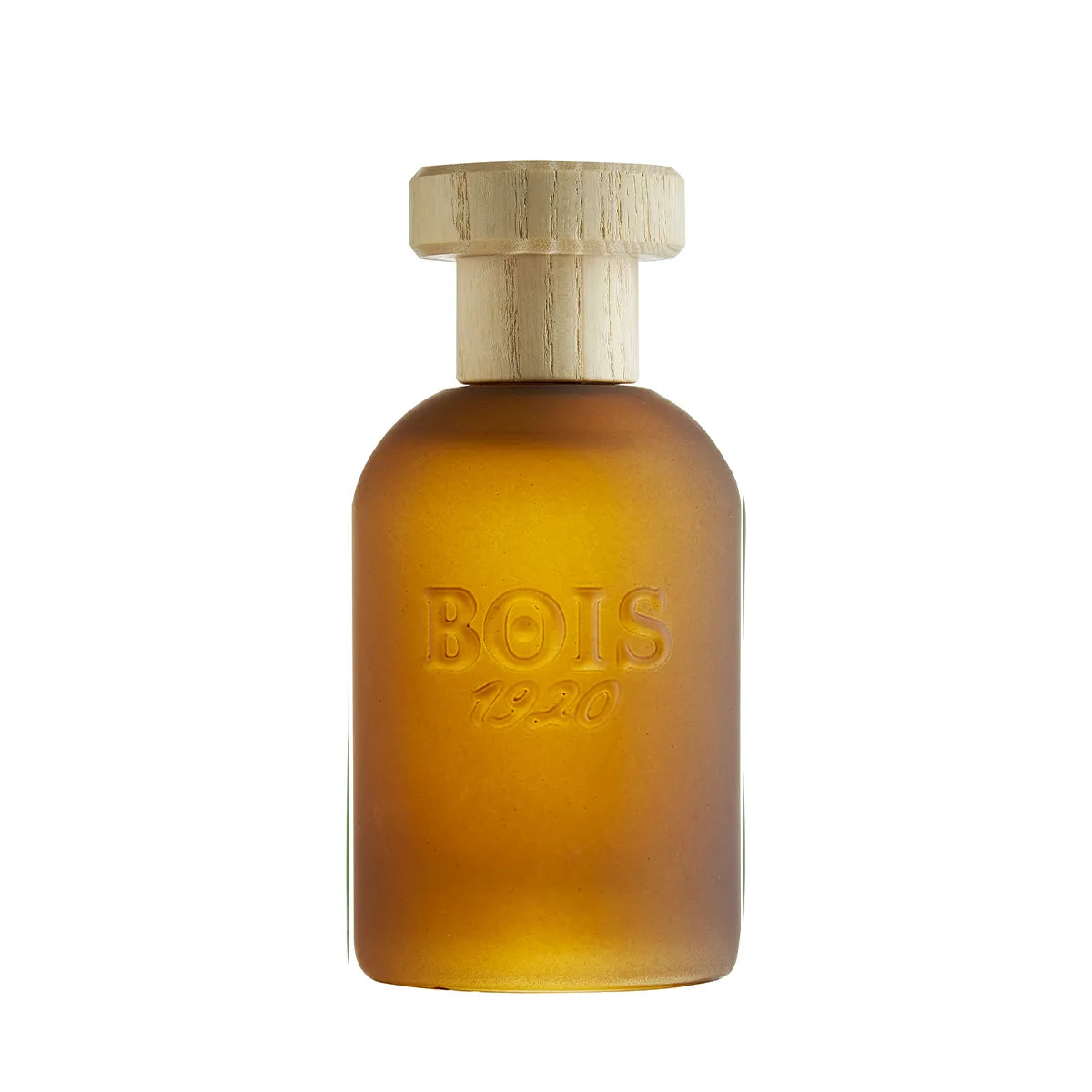 Amber glass bottle with wooden cap on a white background