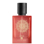 Red perfume bottle with black cap and gold mandala design on a white background