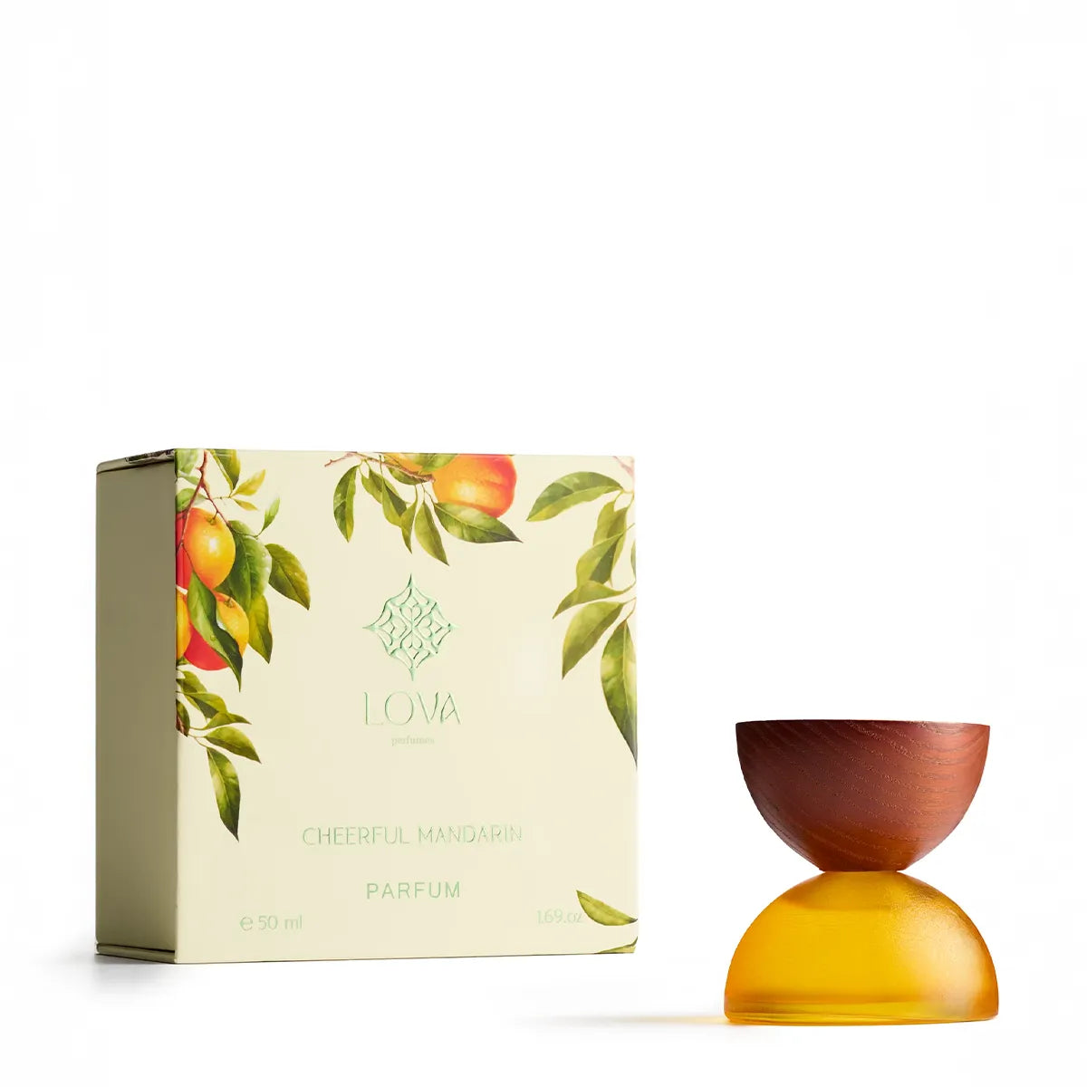 Cheerful Mandarin by LOVA parfum 50ml with illustrated citrus packaging and amber glass bottle with wooden cap