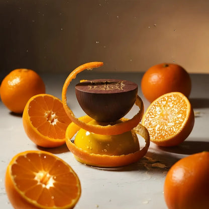 Cheerful Mandarin by LOVA artistic fragrance composition with amber glass bottle and fresh orange slices under warm studio lighting