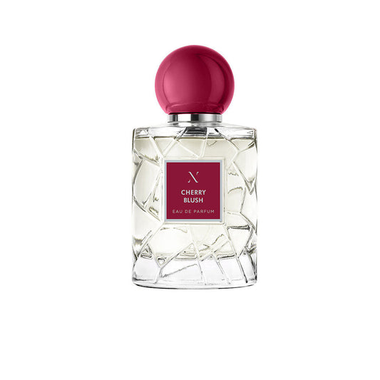Cherry Blush Eau de Parfum by Les Sœurs de Noe  luxury clear glass perfume bottle with textured design and glossy pink cap isolated on white background